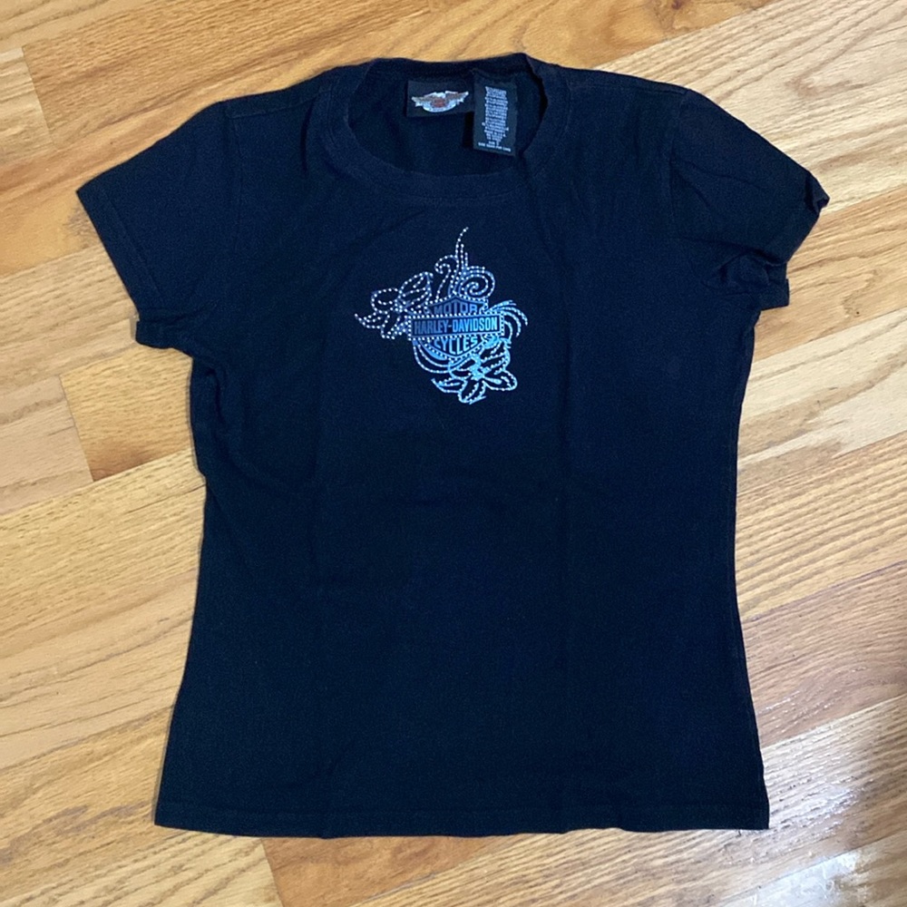 Woman’s black small Harley Davidson short sleeve shirt with bling